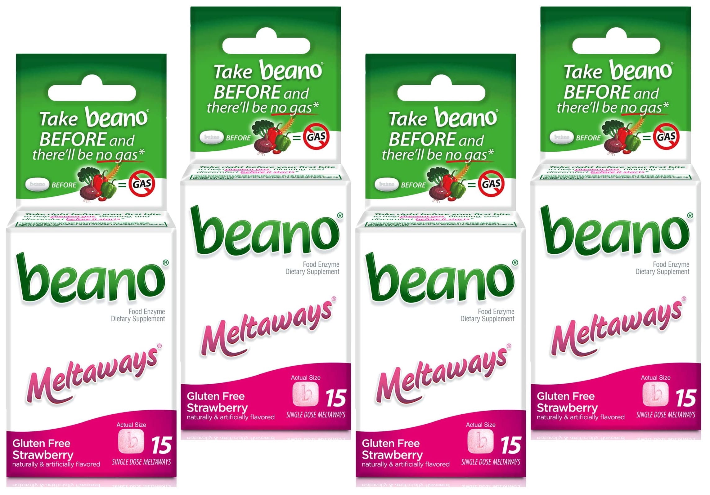 4 Pack - Beano Meltaways Food Enzyme Dietary Supplement 15 Tablets (Strawberry)