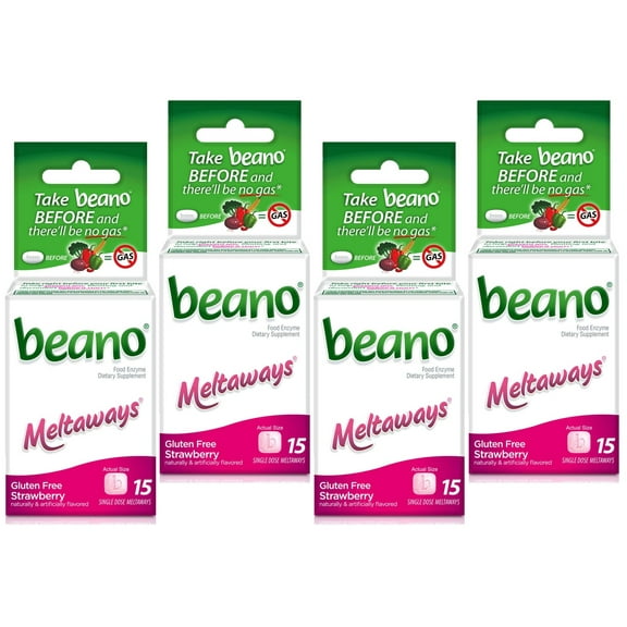 4 Pack - Beano Meltaways Food Enzyme Dietary Supplement 15 Tablets (Strawberry)