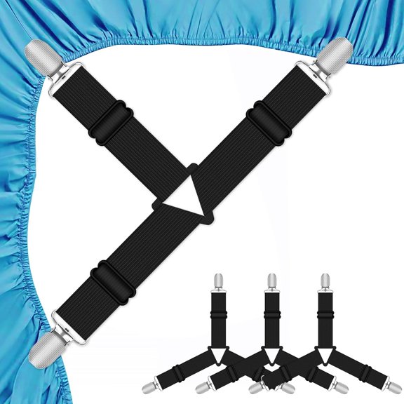 4 Pack Bed Sheet Clips Triangle Grippers with Adjustable Black Nylon Straps for Mattress Covers and Sofa Cushions