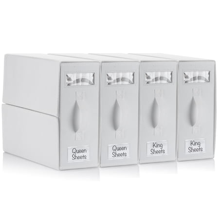 4 Pack Bed Sheet Organizers, Foldable Linen Closet Organizers and Storage, Sheets Set Folder Keeper with Window, Queen/King Size, Off-White