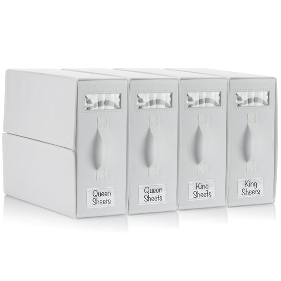 4 Pack Bed Sheet Organizers, Foldable Linen Closet Organizers and Storage, Sheets Set Folder Keeper with Window, Queen/King Size, Off-White