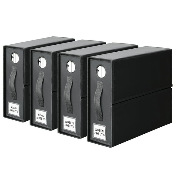 4 Pack Bed Sheet Organizers and Storage,Foldable Closet Organizer with Window and Label,Bedding Folder Storage Box Container for Blanket,Duvet Cover Set,Bed Sheet Set,Queen or King Size,Black