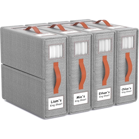 4 Pack Bed Sheet Organizers and Storage(King &Queen Size) with an Elastic Strap, Foldable Closet Linen Storage Container, Set Box for Blankets, Duvet Covers Pillowcase, Grey