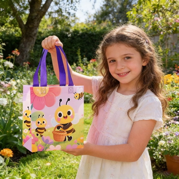 4-Pack Bee Themed Party Gift Bags, Honeycomb Design PP Treat Bags with Handles, Reusable Favor Pouches for Kids Birthday, Baby Shower & Classroom