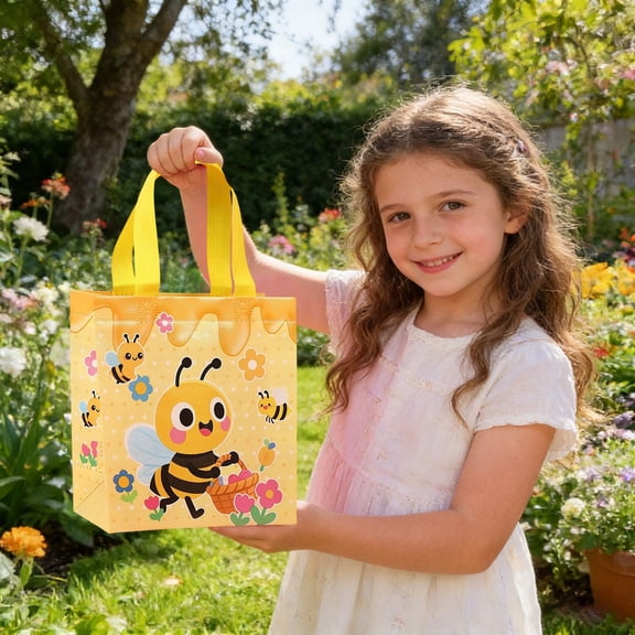4-Pack Bee Themed Party Gift Bags, Honeycomb Design PP Treat Bags with Handles, Reusable Favor Pouches for Kids Birthday, Baby Shower & Classroom