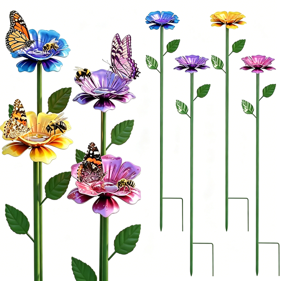 4 Pack Bee Watering Station for Garden, Metal Water Feeder, Bath Bowl with Flower Rose Design, Decor for Butterfly and Outdoor Yard