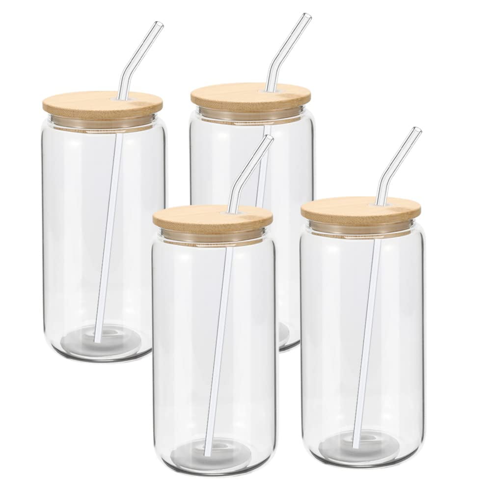 Drinking Glasses Beer Can Glass with Bamboo Lids and Glass Straws, 4 Pack  16 oz Glass Tumbler Can Sh…See more Drinking Glasses Beer Can Glass with