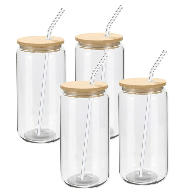 4 Pack Beer Can Glass with Bamboo Lids and Glass Straws 16oz Beer