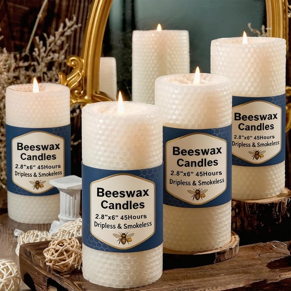 4 Pack Beeswax Pillar Candles, 2.8x6 Inch 180 Hours Hand-Rolled White Large Beeswax Candles,  Pure Bees Wax  Bees Wax Candle for Prayer, Unscented Candles