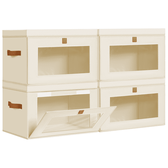 4 Pack Beige Closet Storage Bins Front Opening Storage Bin Collapsible Fabric Organizer with Clear Window Dual Handles Closet Clothes Blanket Book Storage Box for Home DIMJ