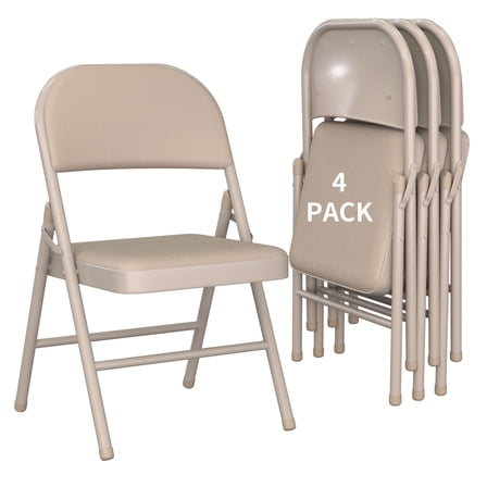 4 Pack Beige Folding Chairs - Leather Padded, Steel Frame, No Tools Required, Portable Stackable for Dining/Parties/Office