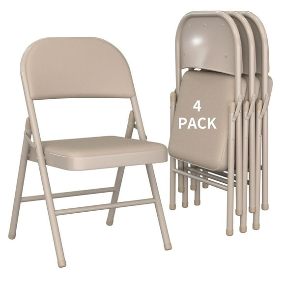 4 Pack Beige Folding Chairs - Leather Padded, Steel Frame, No Tools Required, Portable Stackable for Dining/Parties/Office