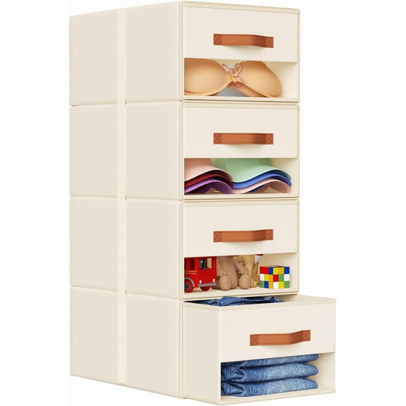 4-Pack Beige Stackable Fabric Drawer Organizers with Clear Window, Foldable Clothes Storage Bins for Closet, Bedroom, and Living Room