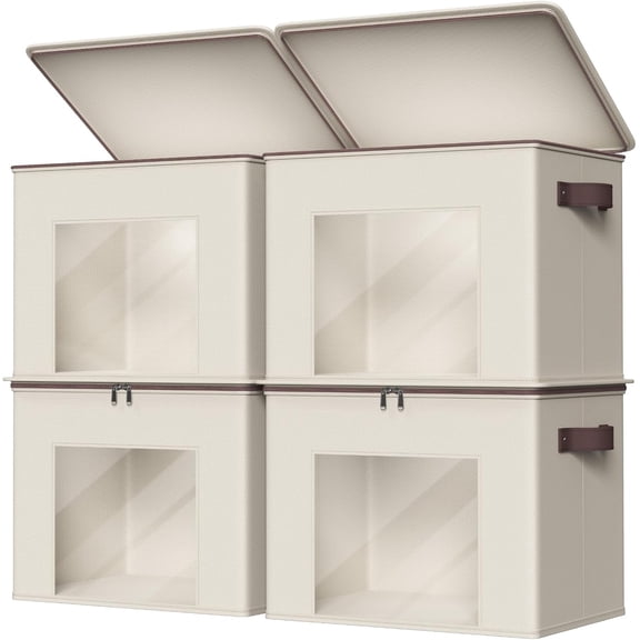 4-Pack Beige Stackable Fabric Storage Bins with Zipper Lid and Clear Window, Closet Organizer Boxes, 17" x 12" x 12"
