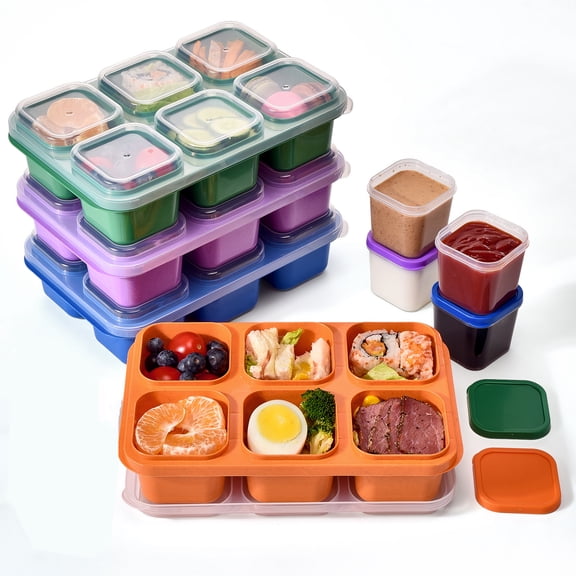 4-Pack Bento Boxes and Snack Containers for Home and Outdoor Use, Adult 6-Compartment with 4 Mini Sauce Cups