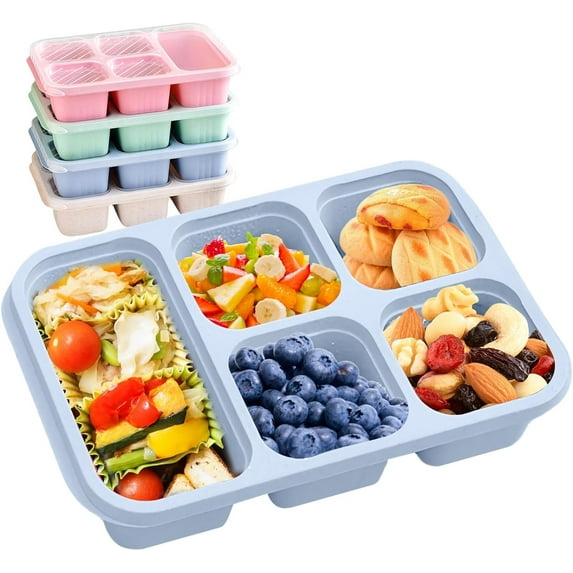 4 Pack Bento Lunch Box for Adults and Kids, 5-Compartment Wheat Straw Container for Kids, Reusable Food Storage Containers with Lids, Snack Box Container,Microwave and Dishwasher Safe (4 Color)