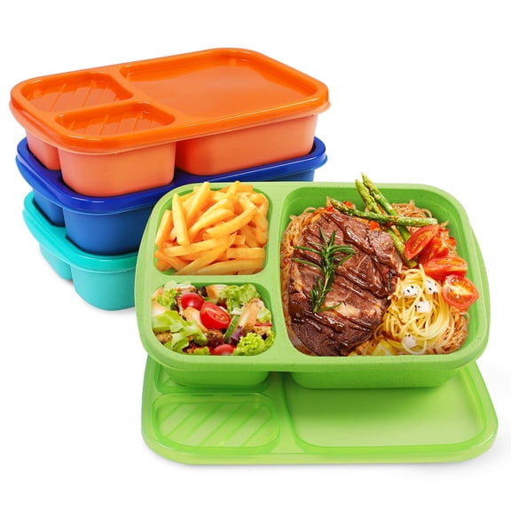 4 Pack Bento Lunch Box Set 3 Compartment Wheat Straw Meal Prep Food Storage Containers Plastic  Microwave And Dishwasher Safe(jewel Brights)