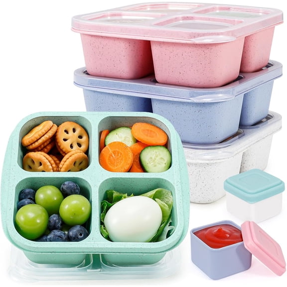 4 Pack Bento Snack Boxes Lunchable Containers for Kids & Adults, Wheat Straw 4-Compartment Reusable Food Storage Containers for Snacks & Small Meal (Multicolor & Clear Lids)