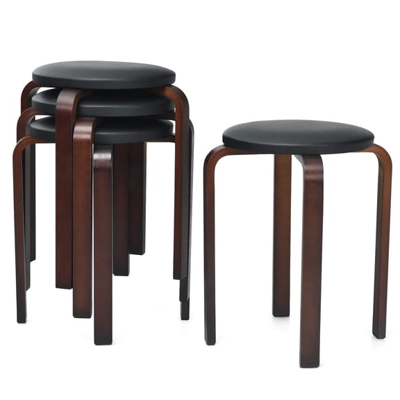 4-Pack Bentwood Stack Stools, 18.5-Inch Portable Stackable Stools with PU Leather Round Top, Non-Slip Foot Mats, Backless Kitchen Stools Set of 4 , Black