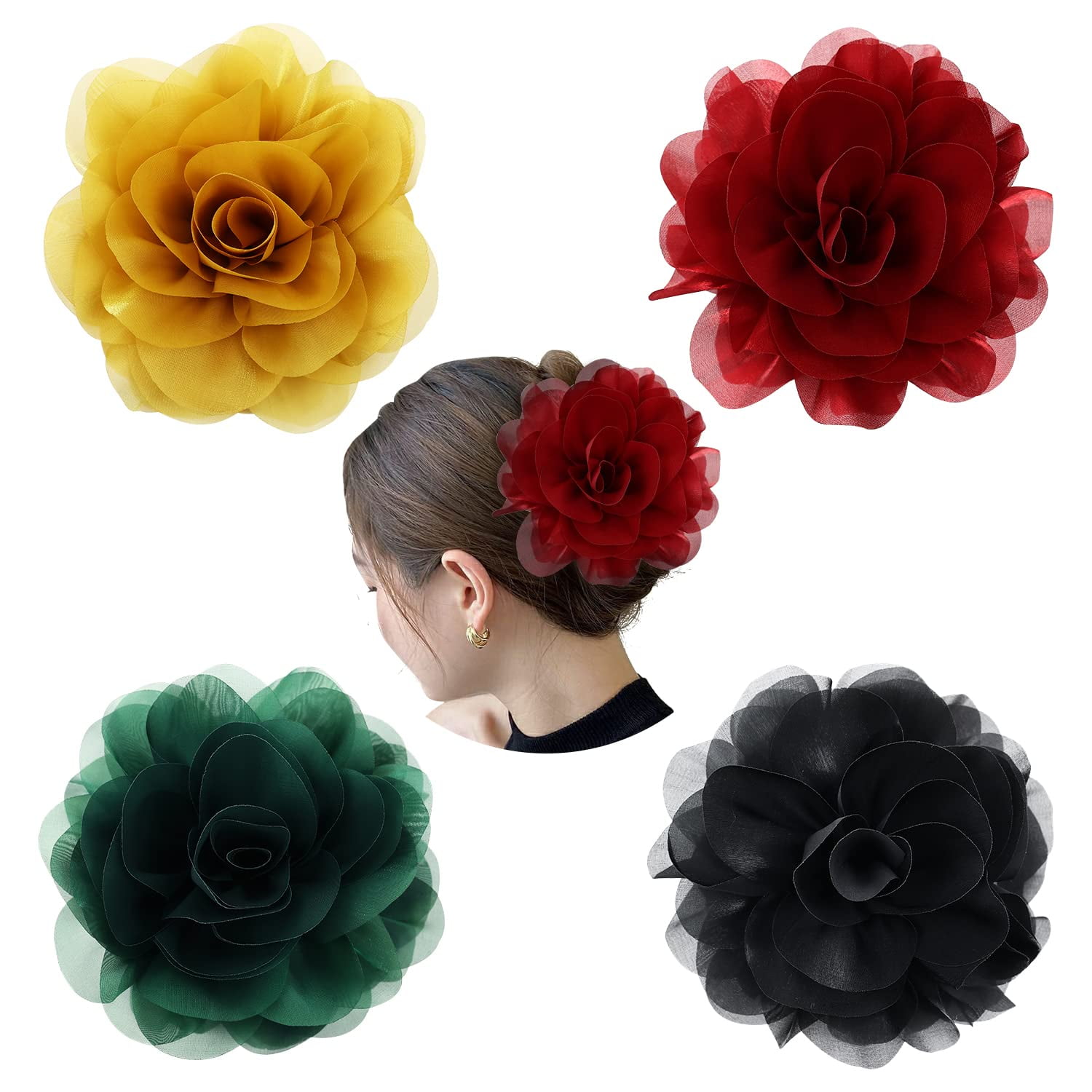 4 Pack Big Large Satin Rose Floral Flower Plastic Hair Claws Clips Bow Barrettes Clamps Bun Chignon Updo Holders Hair Accessories for Women Girls
