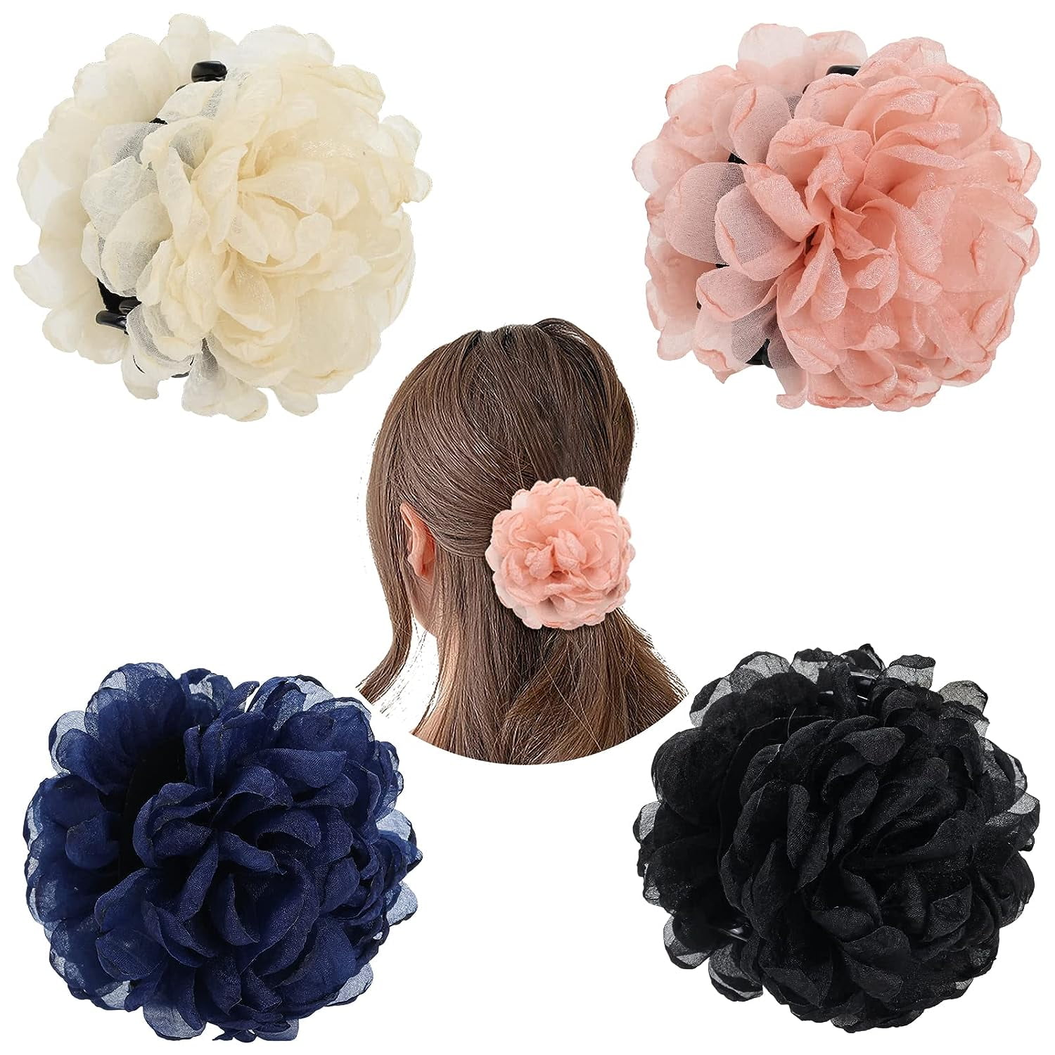 4 Pack Big Large Satin Rose Floral Flower Plastic Hair Claws Clips Bow Barrettes Clamps Bun Chignon Updo Holders Hair Accessories for Women Girls