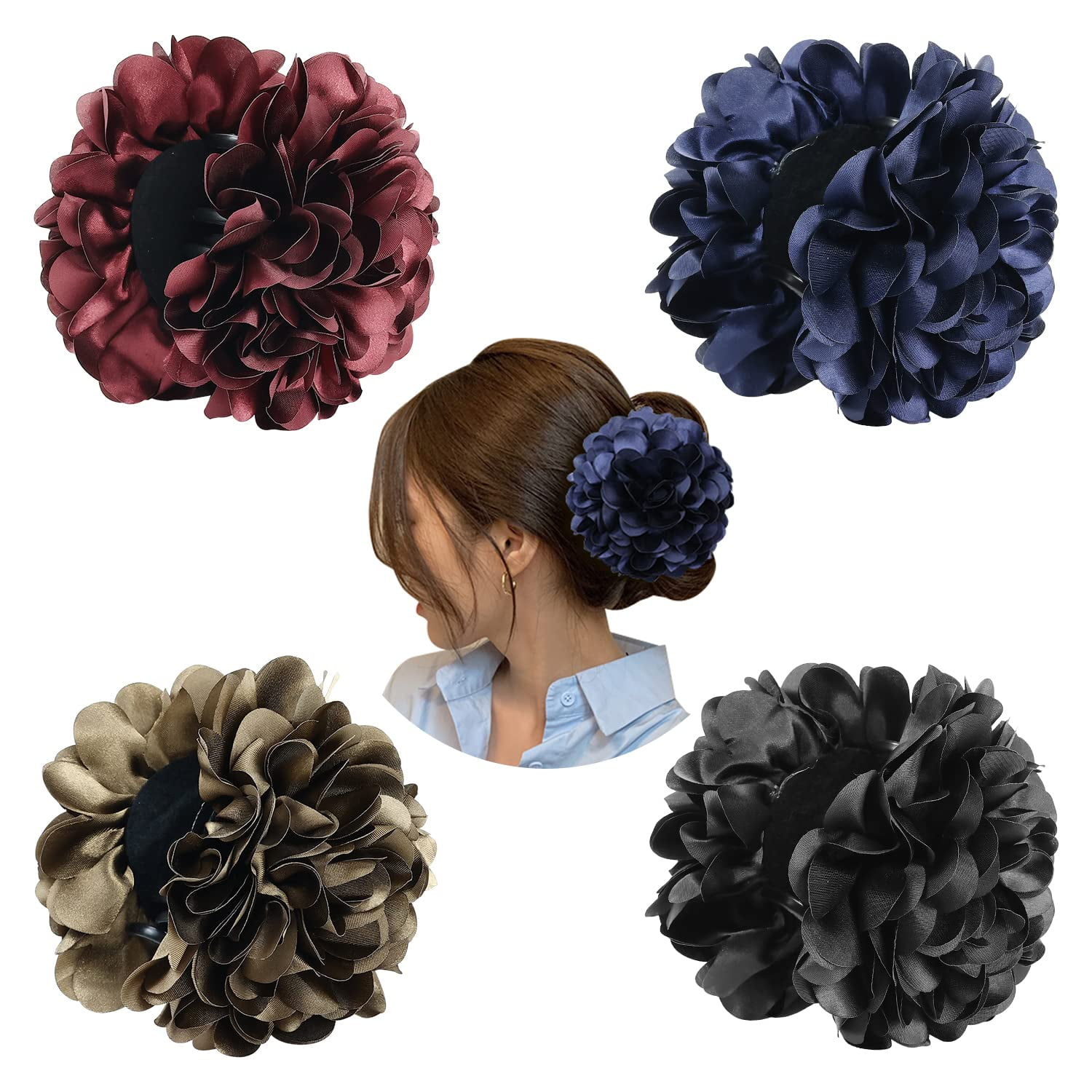 4 Pack Big Large Satin Rose Floral Flower Plastic Hair Claws Clips Bow Barrettes Clamps Bun Chignon Updo Holders Hair Accessories for Women Girls