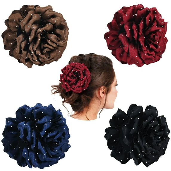 4 Pack Big Large Satin Rose Floral Flower Plastic Hair Claws Clips Bow Barrettes Clamps Bun Chignon Updo Holders Hair Accessories for Women Girls