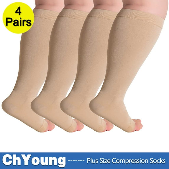 (4 Pack) Big and Tall Compression Socks for Women and Men 20-30mmHg Open Toe Wide Calf - Plus Size Compression Support Hose Wide Calf for Swelling Pain Recovery Nursing Beige, 6X-Large,ChYoung