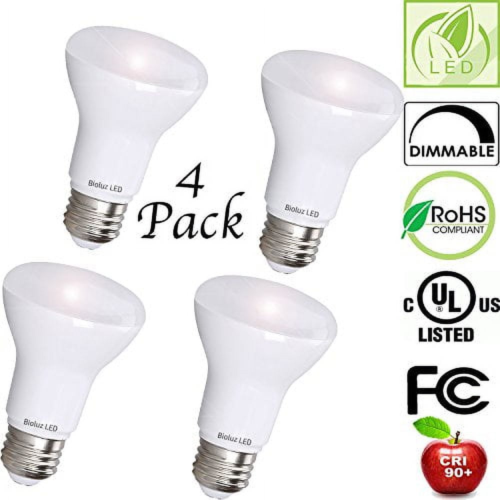 4 Pack Bioluz LED BR20 LED Bulb 90 CRI Dimmable Bulb, 50W Equivalent (uses 7W) 525 lumens 3000K (Soft White) Indoor/Outdoor Wide Flood Light Bulb 110 Beam Angle E26 Medium Base UL Listed (Pack of 4)