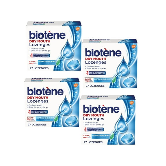 "4 Pack Biotene Dry Mouth Lozenges for Fresh Breath, Refreshing Mint, 27 ct each"