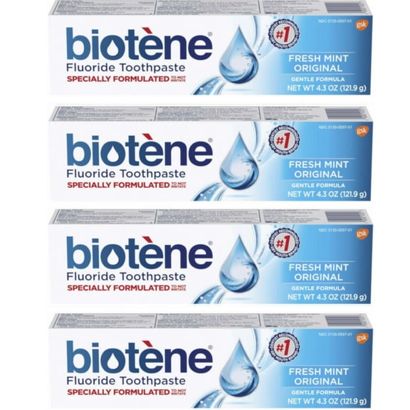 4 Pack Biotene Fresh Mint Original Gentle Formula Fluoride Toothpaste, 4.3 Ounces Each