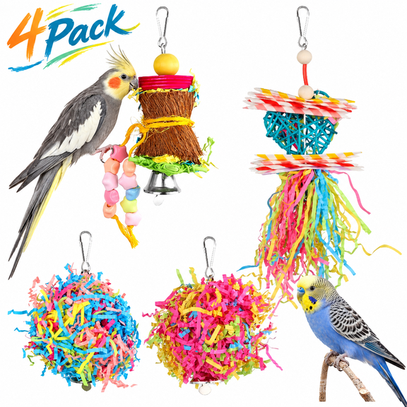 4 Pack Bird Shredder Toys Small Parrot Chewing Toys Parrot Cage Foraging Hanging Toy for Small Bird Parakeets Parrotlets Lovebirds Cockatiels