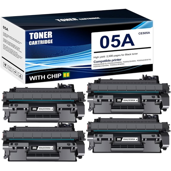 4-Pack Black 05A CE505A Toner Cartridge: Compatible 05A CE505A Replacement for HP P2035 (CE461A) P2035n (CE462A) P2055 (CE456A) P2055d (CE457A) P2055dn (CE459A) P2055x (CE460A) Printer