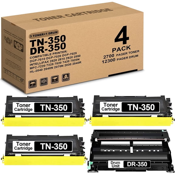 4 Pack Black (3 Toner+1 Drum) TN350 TN-350 Toner Cartridge & DR350 DR-350 Drum Unit Replacement for Brother DCP-7010 7020 7025 MFC-7220 7225 7420 HL-2040 2040N 2070N Printer