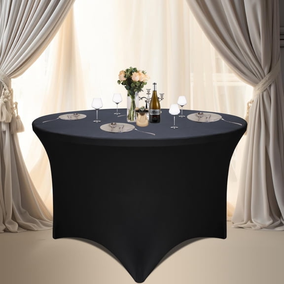 4 Pack Black 48-Inch Diameter x 30-Inch High Round Spandex Tablecloth for 4FT Round Tables|Fitted Stretch Tablecloth with Foot Bag for Party, Wedding, Birthday, Banquet, Vendor Stand