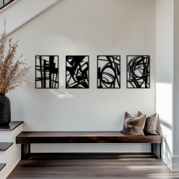 4 Pack Black Abstract Metal Wall Art (16'' x 11''), Minimalist Art Wall Decor, 3D Textured Metal Wall Sculptures, for Living Room Bedroom Bathroom Study Room