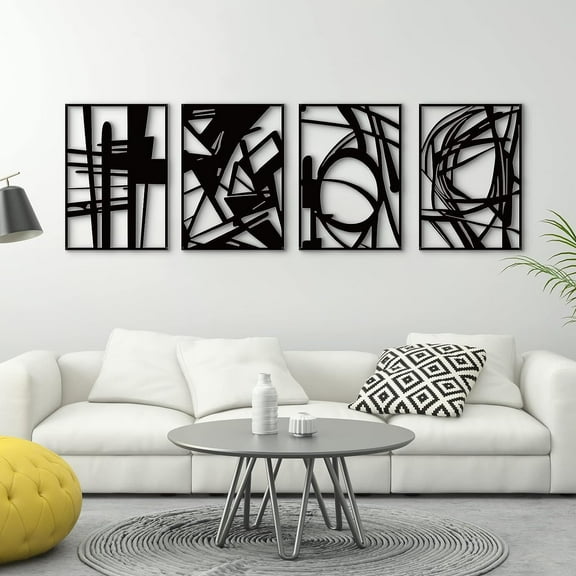 4 Pack Black Abstract Metal Wall Art, Minimalist Dcor Single Line Art Wall Dcor, 3D Textured Metal Wall Sculptures, for Living Room Bedroom Bathroom Study Room (Black Abstract, M Size 16 x 11'')