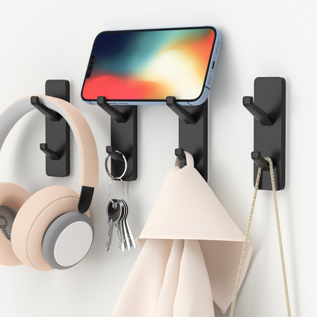 4Pack Black Adhesive Hooks,Sticky Hooks Extra Strong,Heavy Duty Stick