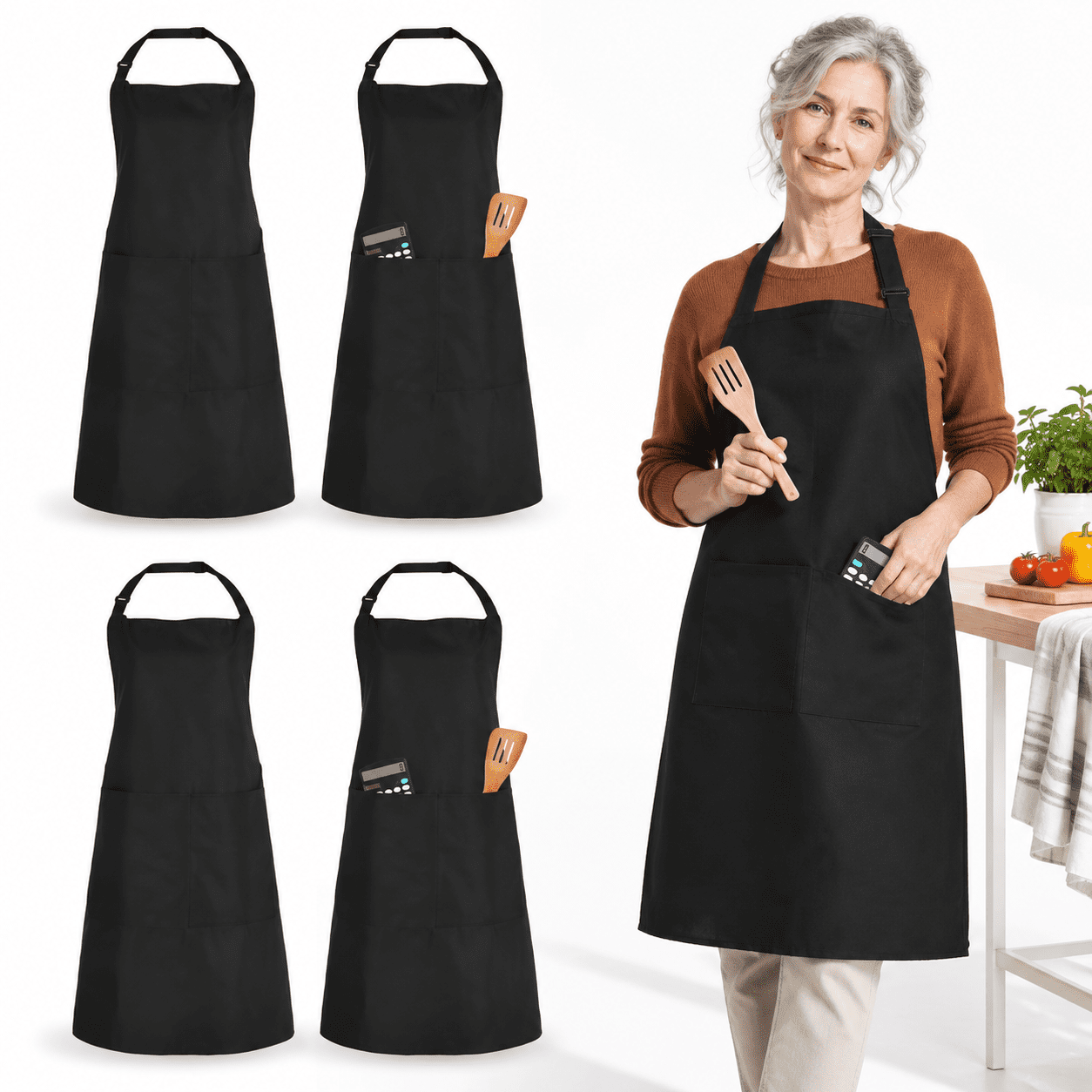 4 Pack Black Adjustable Chef Aprons With 2 Pockets For Cooking Kitchen ...