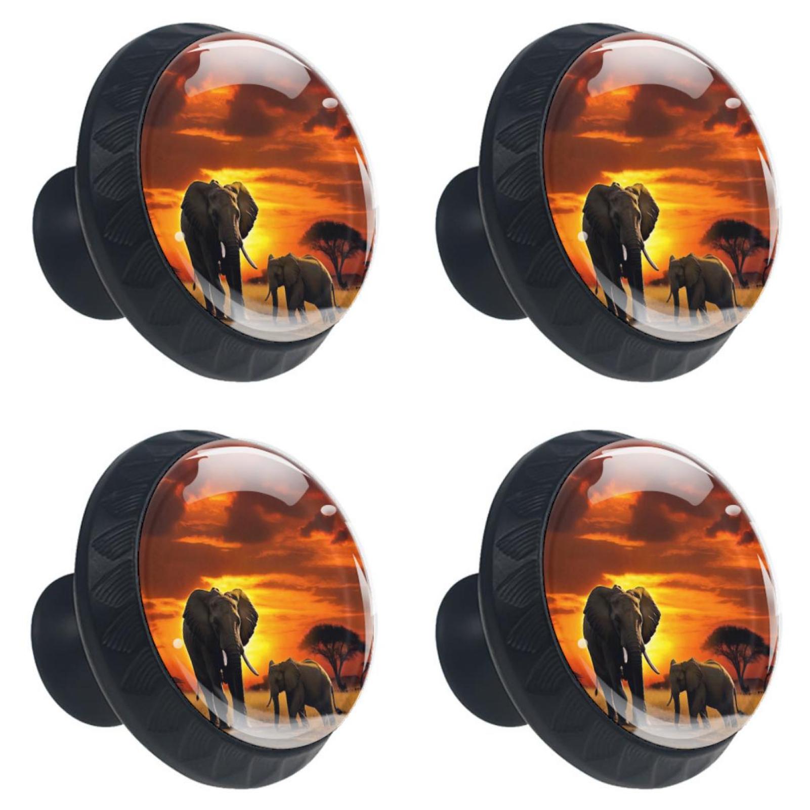 4 Pack Black Knobs, African Sunset Elephants Drawer Dresser