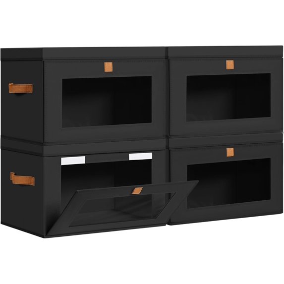 4 Pack Black Closet Storage Bins Front Opening Storage Bin Collapsible Fabric Organizer with Clear Window Dual Handles Closet Clothes Blanket Book Storage Box for Home DIMJ