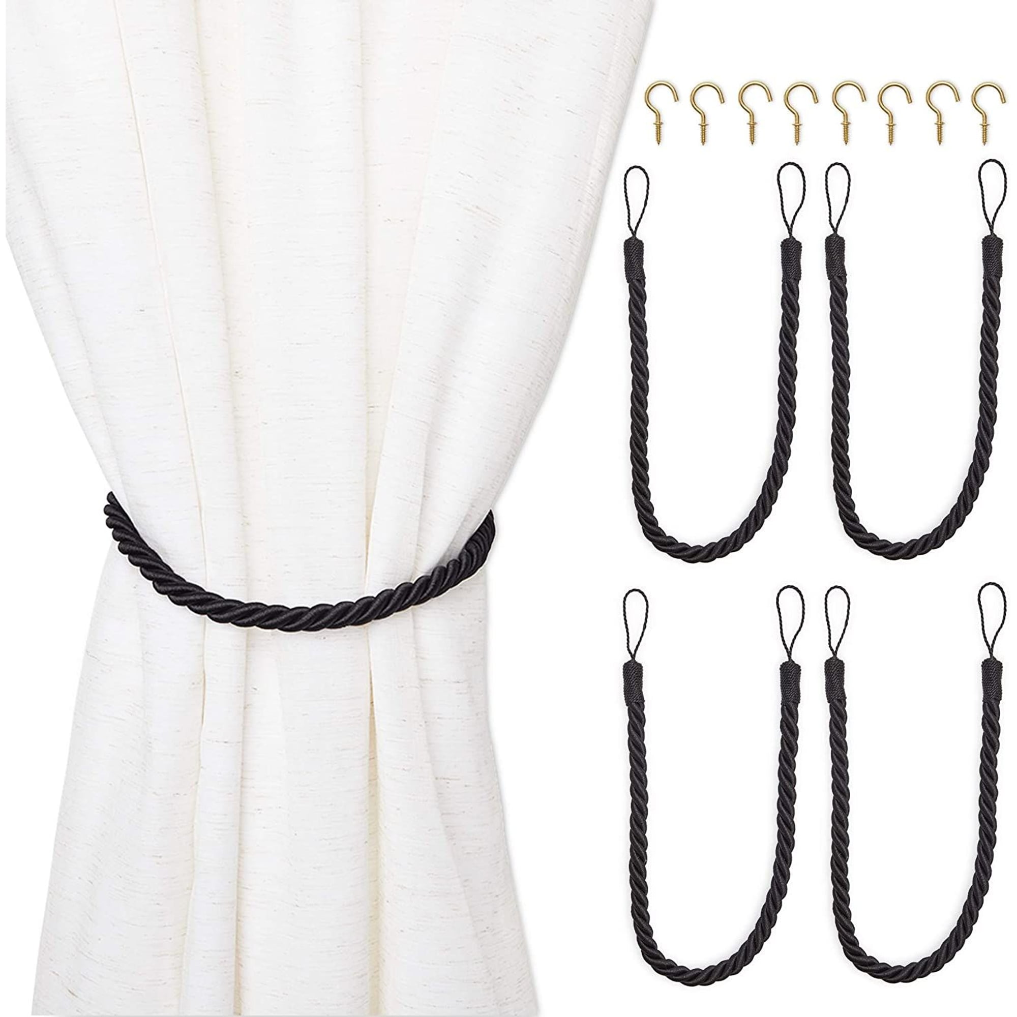 Black Cotton Rope Curtain Tiebacks with Metal Hooks, 26" Set of 4