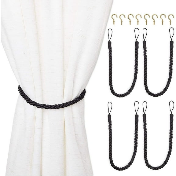 Juvale Modern Curtain Holdbacks 4-Pack - 26-Inch Black Cotton Rope Tiebacks - Includes 8 Metal Hooks - Curtain Ties for Drapes