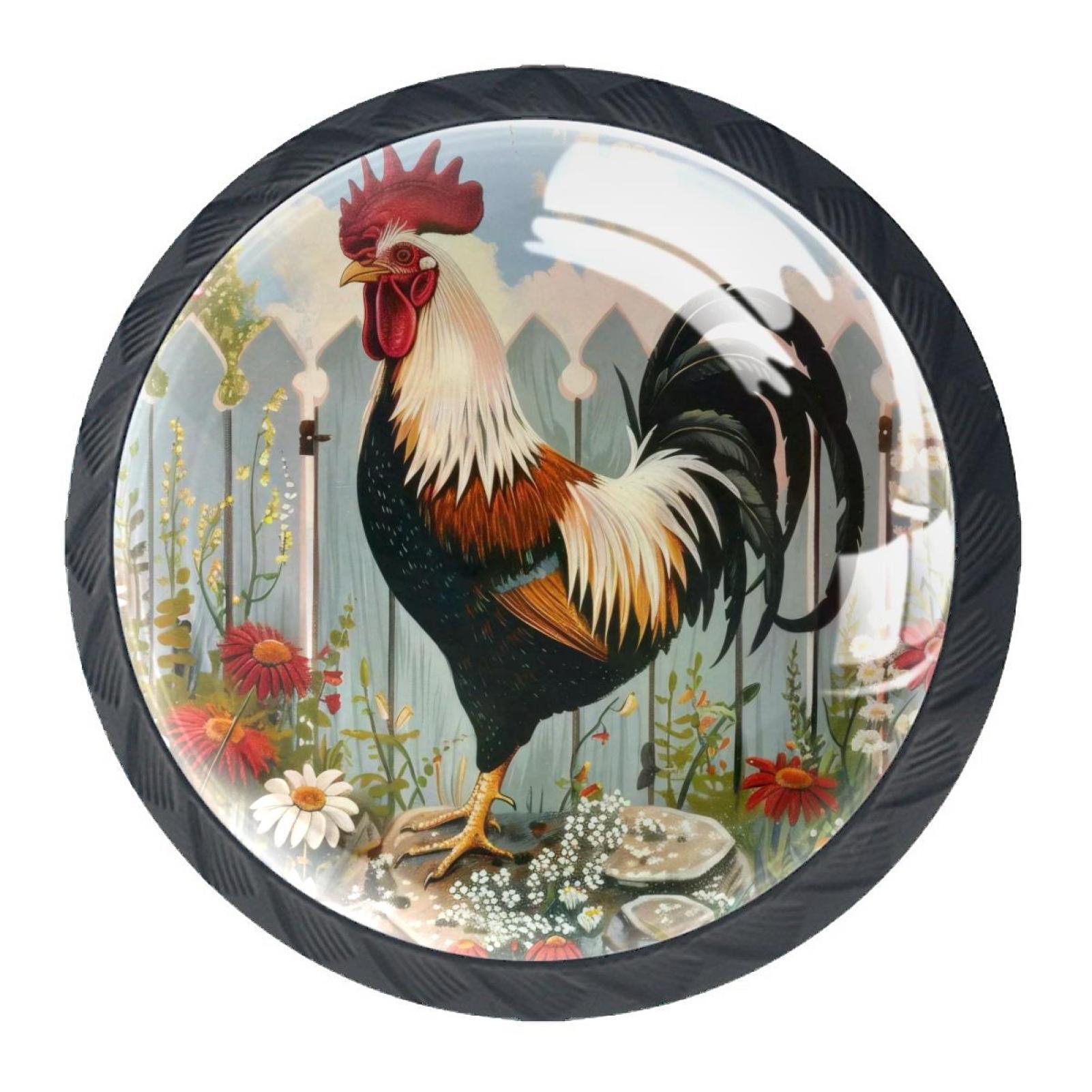 4 Pack Black Drawer Knobs, Farm Rooster Flower Knobs Round