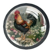 4 Pack Black Drawer Knobs, Farm Rooster Flowers Cabinet Knobs Round Glass Knobs for Kitchen Cabinet Hardware Bathroom 35MM