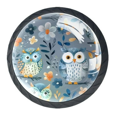4 Pack Black Drawer Knobs, Florals Owls Cabinet Knobs Round Glass Knobs for Kitchen Cabinet Hardware Bathroom 35MM