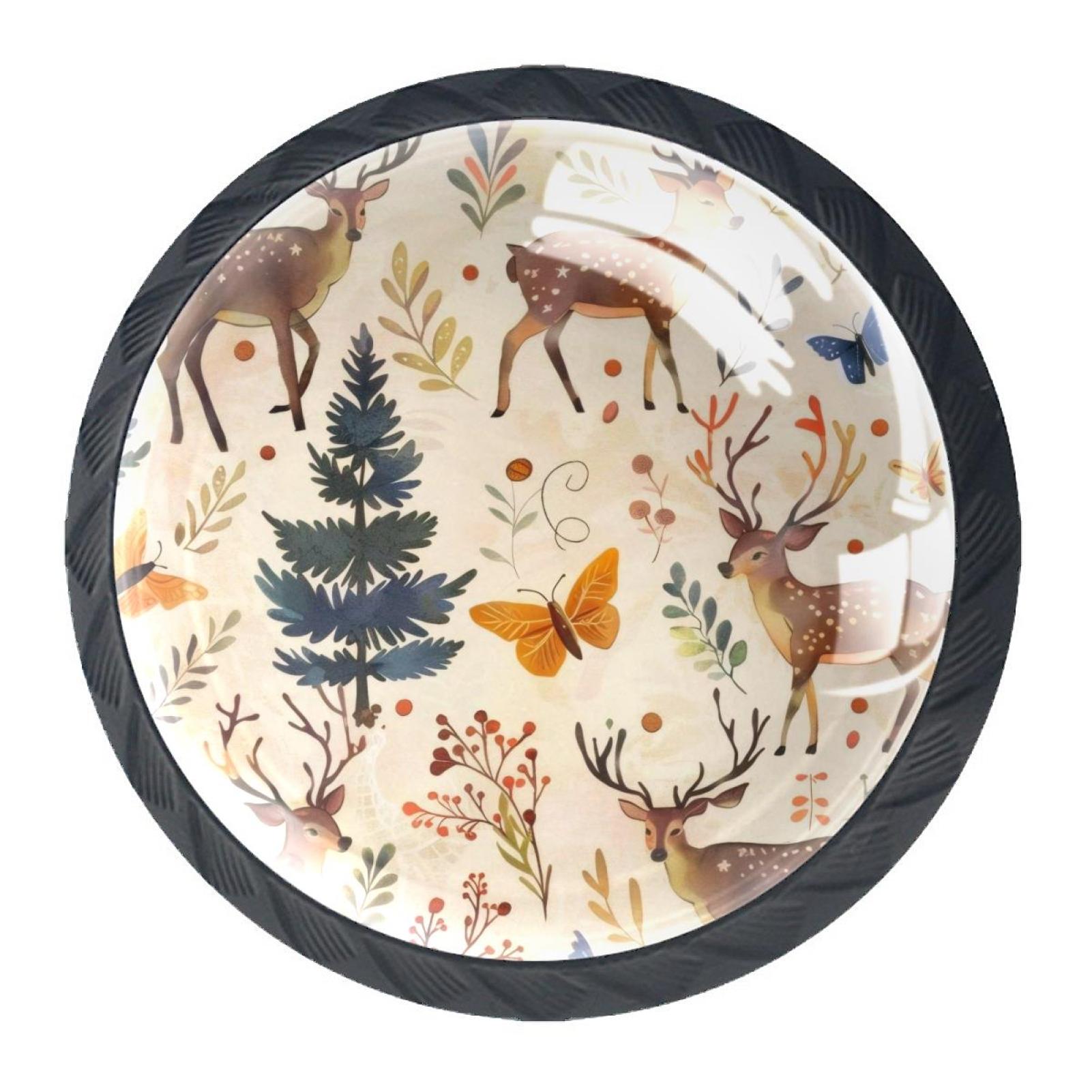4 Pack Black Drawer Knobs, Forest Deers Butterfly Knobs Round