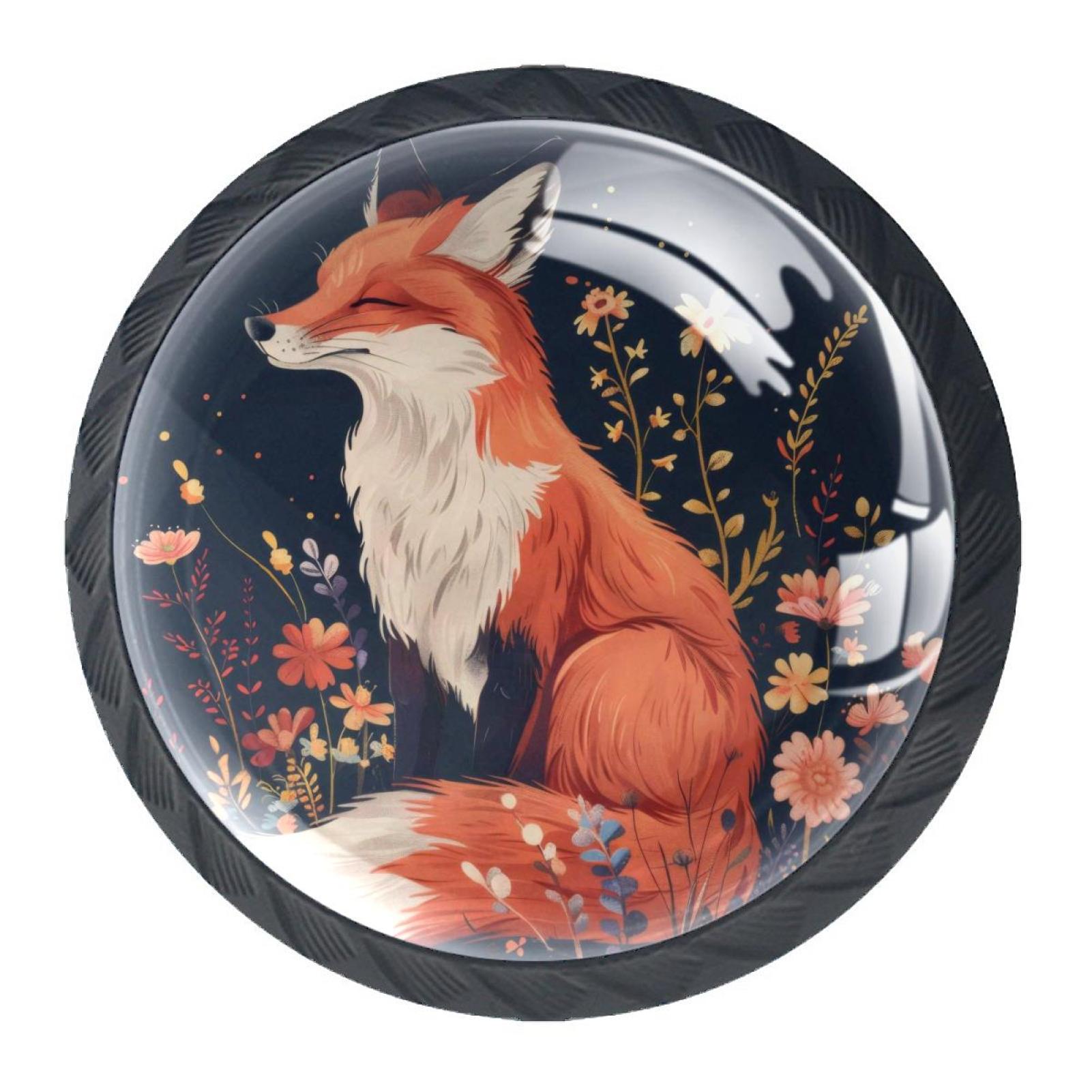 4 Pack Black Drawer Knobs, Fox Florals Knobs Round Glass Knobs
