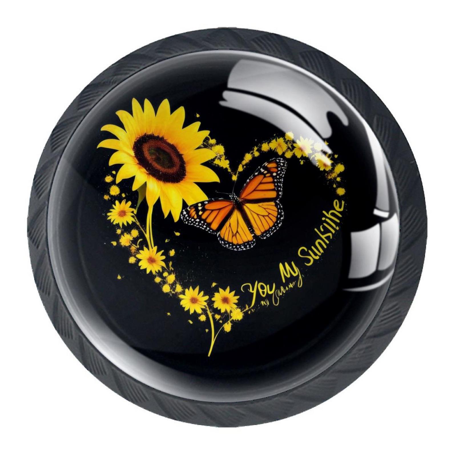 4 Pack Black Drawer Knobs, Heart Shaped Sunflowers Knobs Round