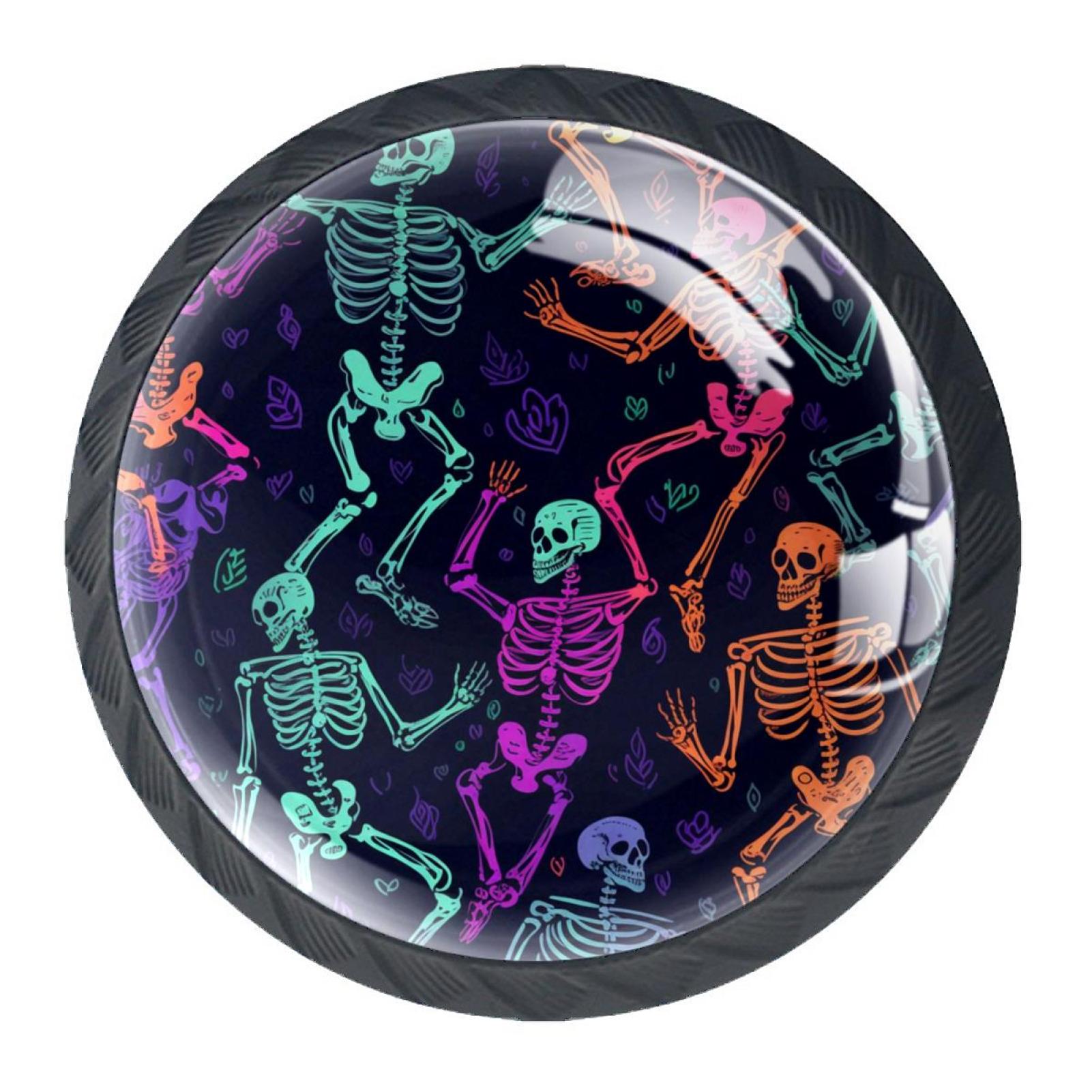 4 Pack Black Drawer Knobs, Neon Skeletons Knobs Round Glass